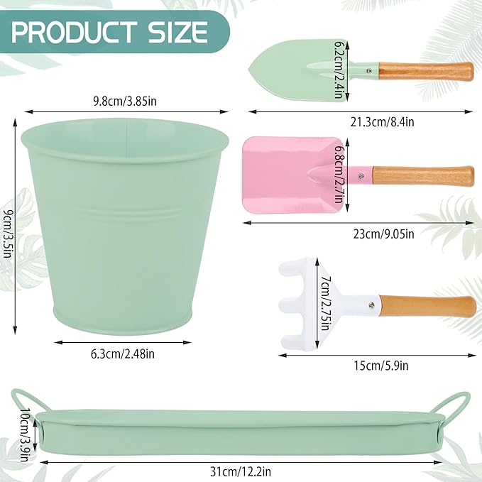 Indoor Herb Garden Set of 3 with Tray and 3 Types of Gardening Tools, Metal Plant Pots Herb Garden Planter Kit with Drainage for Plants (Green)