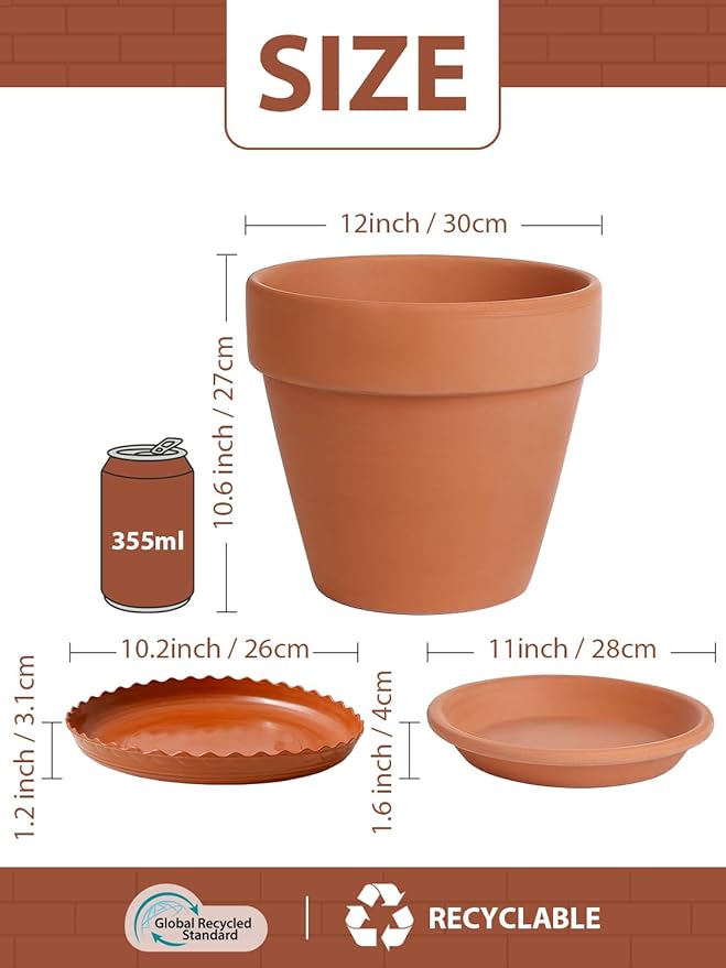 INGOFIN 12 Inch Terracotta Pot Set of 2 with Saucer - Ceramic Clay Pot for Plants with Drainage Hole, Large Terra Cotta Flower Planter with Tray for Indoor Outdoor Plants