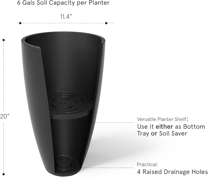LA JOLIE MUSE 20inch Tall Planters Set of 2,Black Indoor/Outdoor Planters with Trays,Tree Plant Pots for Front Door,Patio and Deck
