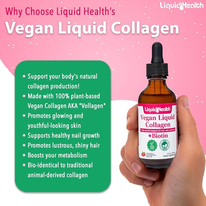 LIQUIDHEALTH 100% Vegan Collagen Plus Biotin 100,000mcg Liquid Drops - Plant-Based Liquid Collagen for Women & Men - Hair & Nail Growth, Skin Health, Boosts Metabolism - Made in USA, Non-GMO (2 oz)