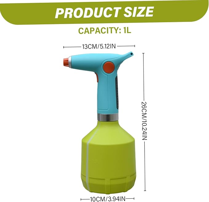 Electric Sprayer, 1000ml Electric Spray Bottle with Adjustable Nozzle, Waterproof Water Sprayer, Rechargeable Plant Mister for Garden Indoor Outdoor, Green, Decoración del hogar