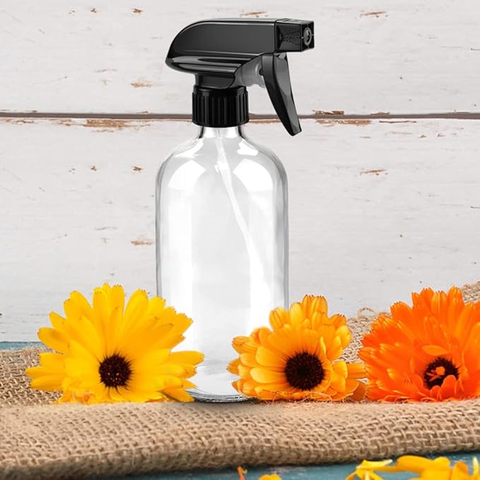Worldgsb Glass Spray Bottles, 16oz*2+4oz*2+2oz*4 Refillable Containers, Empty Boston Round Bottles with Adjustable Nozzle for Cleaning, Gardening, Aromatherapy, Pets, Plant, Hair - Clear