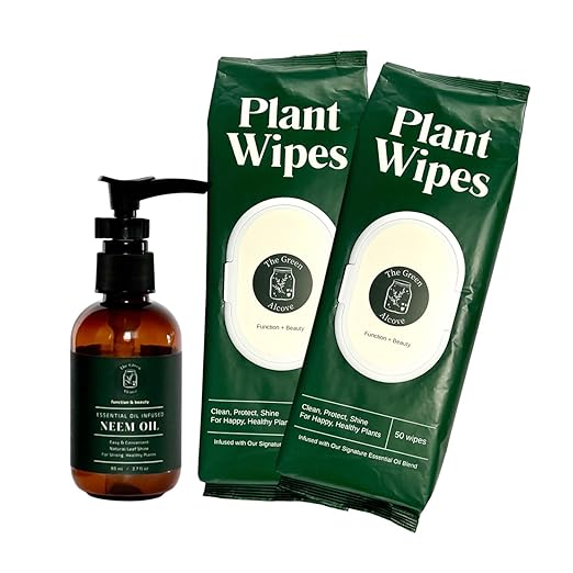 Plant Shine & Defense Essentials – Plant Wipes + Essential Oil Infused Neem Oil (No Spray Bottle)