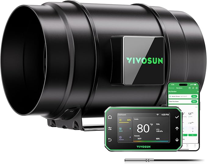 VIVOSUN G8 8" Inline Duct Fan & Temperature Humidity Controller, E42A+ WiFi-App Control AeroZesh Grow Tent Fan& Smart Thermostat, 725 CFM EC Motor Exhaust Fan for Heating Cooling, Greenhouse Accessory