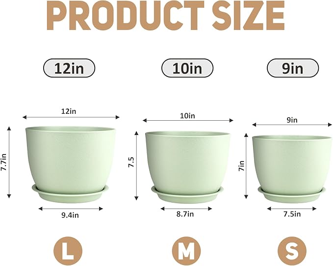 YNNICO Plant Pots 12/10/9 inch Set of 3, Flower Pots with Multi Mesh Drainage Holes, Large Planters for Indoor Outdoor Garden Plants and Flowers. (Green)