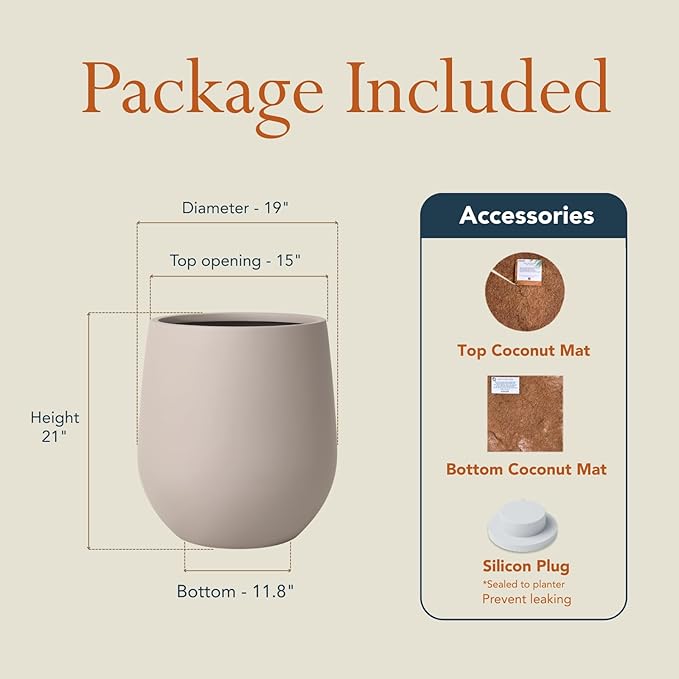 KUTE NEST 21" H x 19" D Premium Corso Fiberstone Round Tapered Planter with Drainage Hole, Weather Resistant for Indoor and Outdoor Use, Included 2 Extra Coco Mats (Taupe, 15" Pot Opening)