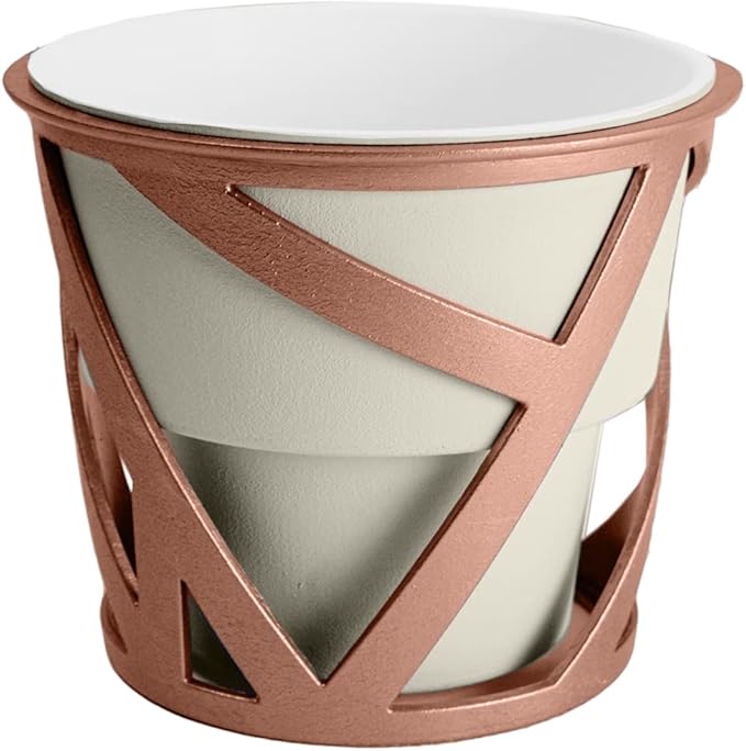 The HC Companies 5 inch Indoor Plant Pot with Stand – Small Curio Planter in Cottage Stone with a Geometric Stand in a Copper Finish