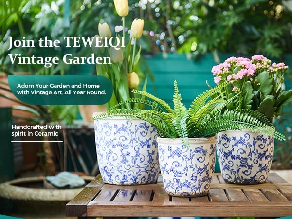 Teweiqi Vintage Ceramic Planter Without Drainage Hole, 6.5 Inch - Indoor/Outdoor Flower Pot for Orchids, Succulents, Blue Floral Rustic Farmhouse Plant Pot for Home, Office & Garden Décor, Ideal Gift