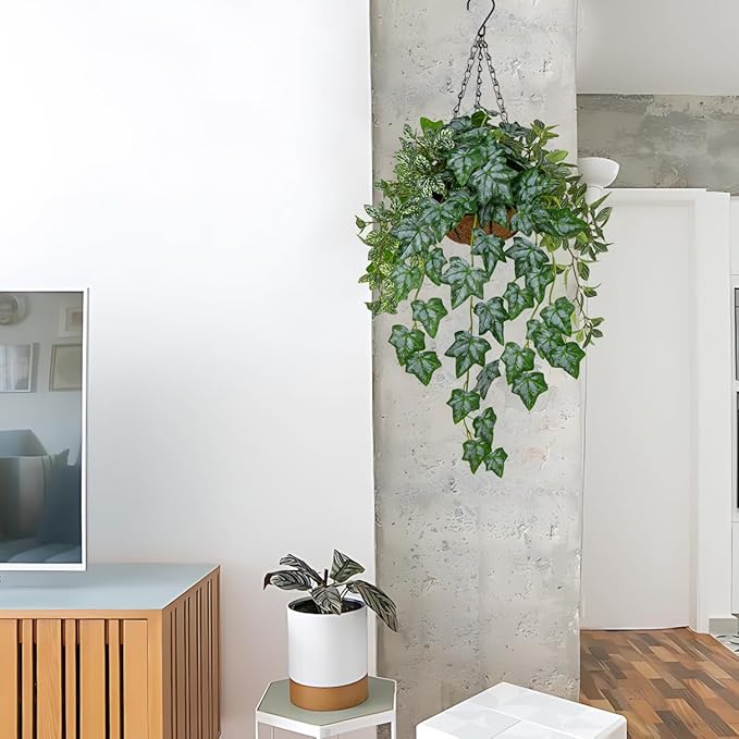 Fake Hanging Plant with Pot, Large Hanging Artificial Plants with Basket & Hanger Faux Greenery Plants Indoor Outdoor Decor Fake Ivy Vine Plant in Pot for Wall Balcony Patio Office Bathroom Shelf