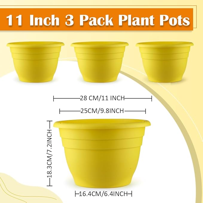 RooTrimmer 3 Pack 11 Inch Plant Pots for Indoor Outdoor,Plastic Floor Planters with Drainage Holes,Lightweight Flower Pots for Home,Patio & Garden(Yellow)