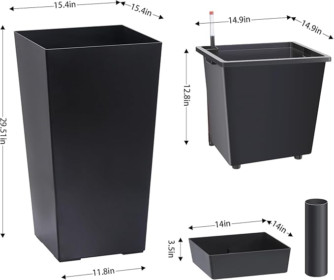 GarveeLife Tall Planters Set of 2 with Water Level Monitor & Drainage Holes Black 30"
