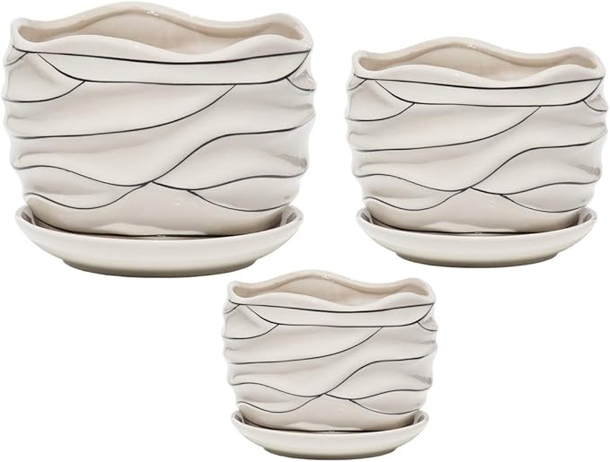White Ceramic Flower Plant Pots Indoor Garden Plants Containers with Saucers, Set of 3