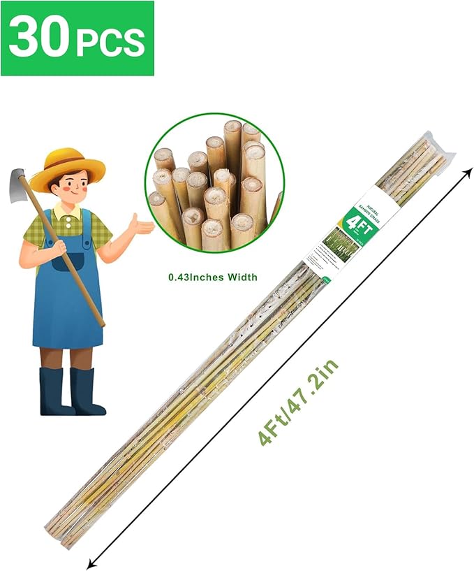 4ft Natural Bamboo Plant Stakes for Tomatoes, Beans, Flowers, Potted, Climbing Plants 30pcs