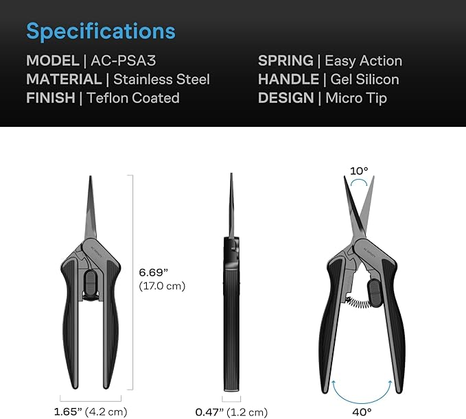 AC Infinity 6.6” Stainless Steel Pruning Shear, Lightweight Ergonomic Design, Straight Precision Blades with Nonstick Teflon Coating for Gardening, Hydroponics, Grow Tents