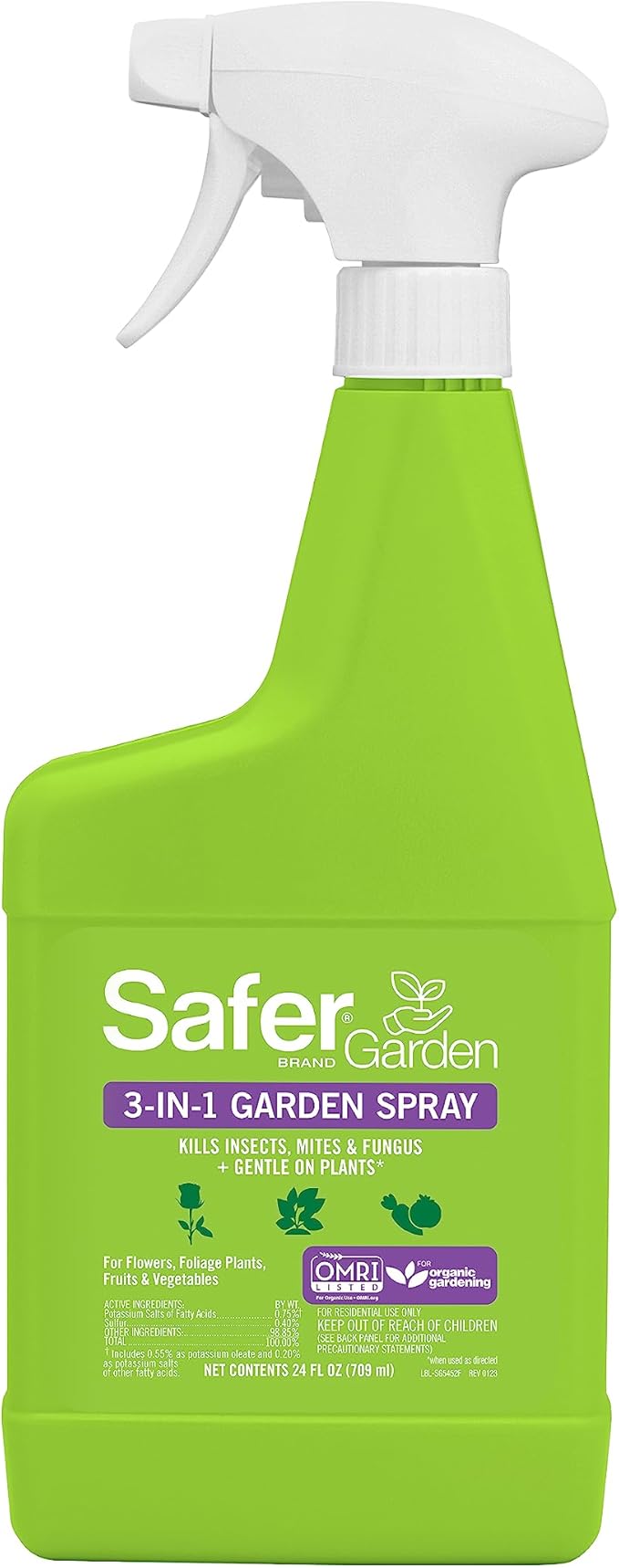 Safer Garden 3-in-1 Ready-to-Use Fungicide, Miticide, and Insecticide Spray, 24 oz Spray - Kills Insects & Mites - Controls & Prevents Fungal Diseases - SG5452 - OMRI Listed for Organic Gardening