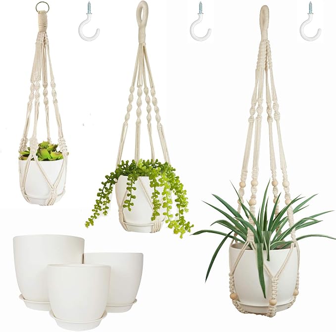 Bouqlife Macrame Plant Hangers with Pots and Saucers, 3 Pack Hanging Planters for Indoor Plants Hanging Plant Holders with Hooks 34" / 26" / 20"