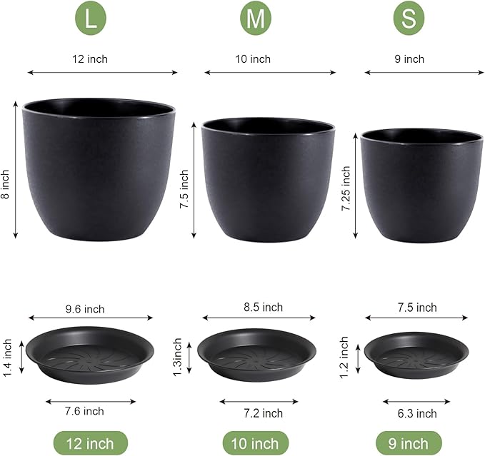 UOUZ 12/10/9 Large Modern Plant Pots, Plastic Planters with Drainage Holes and Saucers for Indoor Outdoor Plants Flowers, Black