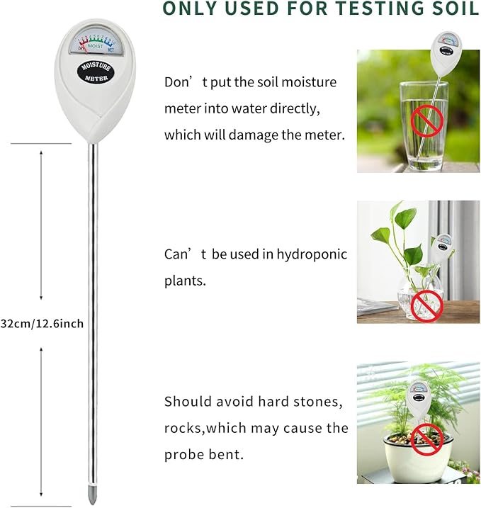 Censinda Soil Moisture Meter, Long Probe Soil Moisture Monitor for House Plants, Soil Hygrometer Moisture Sensor for Indoor & Outdoor, Garden, Farm, Lawn Plant Care, No Battery Needed(White)