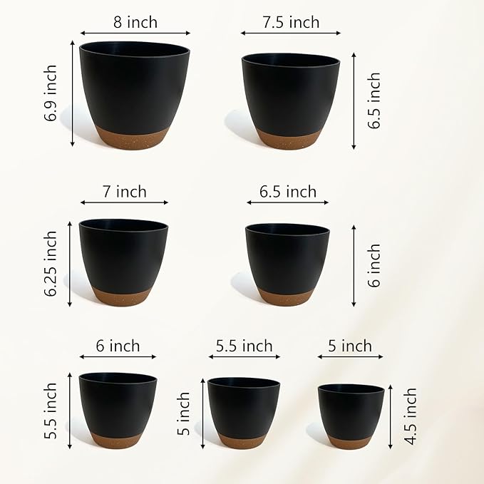 LIFFY Plant Pots, 8,7.5,7,6.5,6,5.5,5 Inch Plastic Self Watering Planters with Drainage Holes & Saucers, 7-Pack Black Nursery Planting Pot with Deep Reservoir for Indoor Outdoor Plants