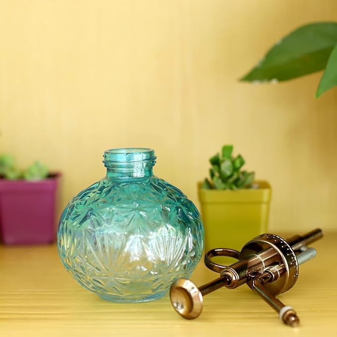 Hniuyun Glass Plant Mister Spray Bottle, 6.5inch Tall Vintage Round Spritzer with Bronze Plastic Top Pump for Watering Your Garden (Blue White Gradient)