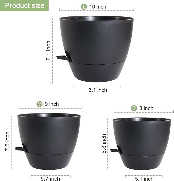 WSMKSZ 10/9/8 inch Medium Self Watering Pots, Plant Pots with Mesh Drainage Holes for Indoor Outdoor Garden Plants, Flower Pots with Removable Deep Reservoir, Set of 3 Plastic Planters, Black