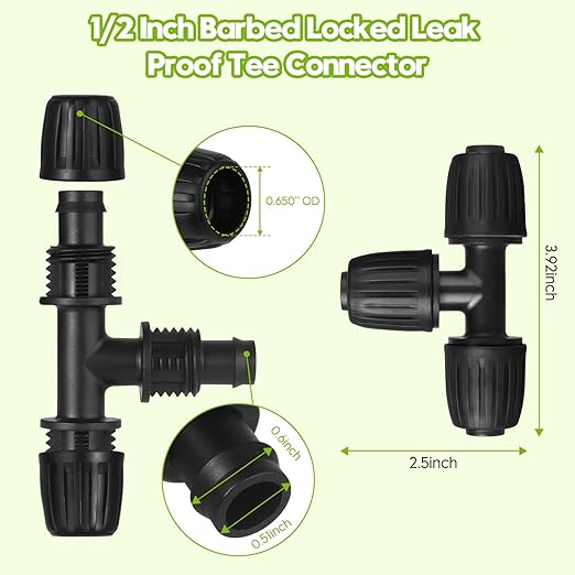 50 FT 1/2 Inch Drip Irrigation Tubing Kit-Drip Line Irrigation Hose 1/2 Inch with 1/2" to 1/4" Barbed Locked 6-Way & 1/2" Tee Connectors-Drip Tube Irrigation Fittings System Parts for Garden Watering