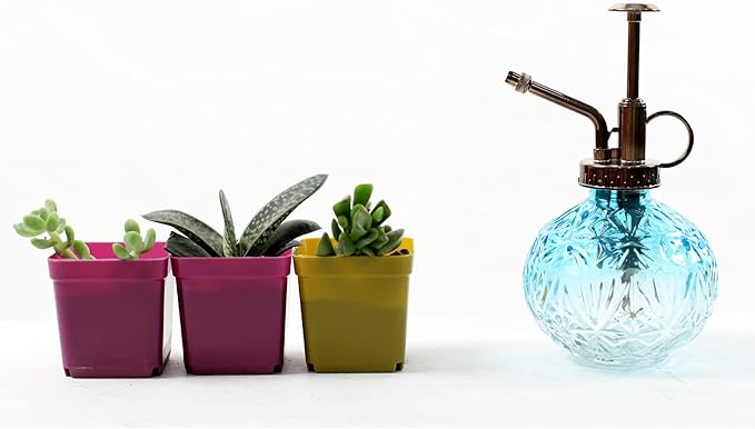 Hniuyun Glass Plant Mister Spray Bottle, 6.5inch Tall Vintage Round Spritzer with Bronze Plastic Top Pump for Watering Your Garden (Blue White Gradient)