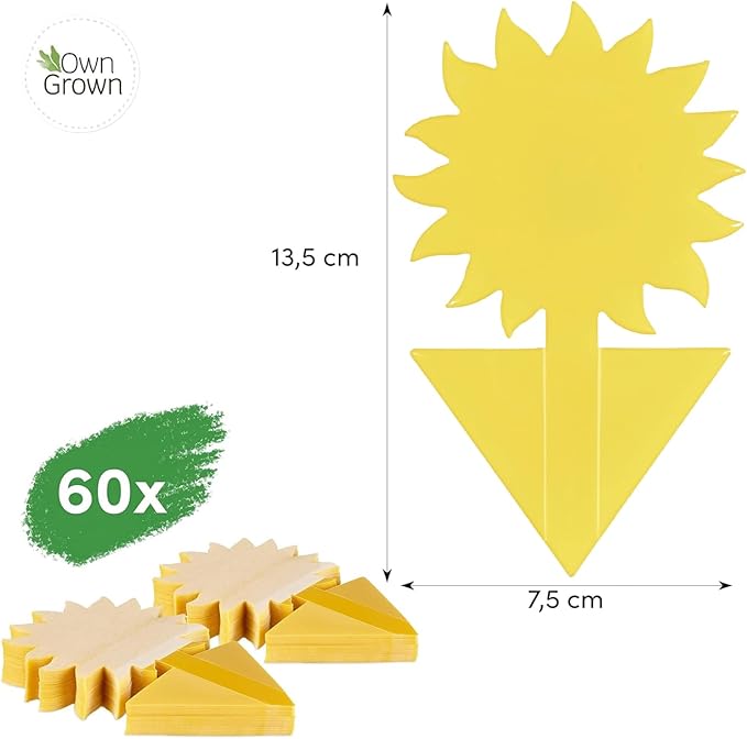 OwnGrown Yellow Sticky Fly Traps for Indoor Plants - 60 Pieces Effective Gnat Control, White and Fruit Fly Traps - Sunflower Sticker Paper Ideal for Houseplants and Indoor Use - 5.3" x 2.95"