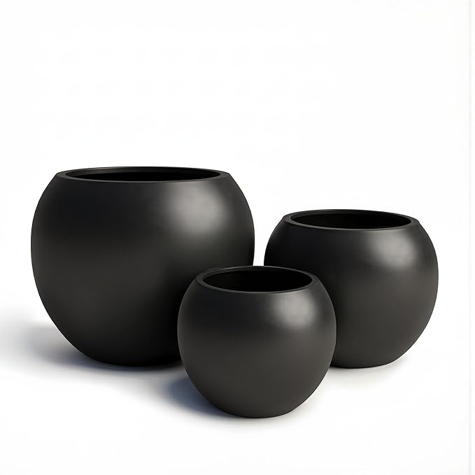 DTY Mount Sherman 21.1'' D x 16.7'' H (Pot Opening 14.6") Fiberstone Round Planter with Drainage Hole, Smooth Finishes, Weather Resistant for Indoor and Outdoor, 2 Extra Coco Mats - Black, Large