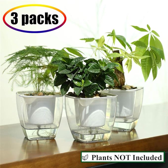 Self Watering Planter , FENGZHITAO African Violet Pots, Clear Plastic Automatic-Watering Planter Flower Pot Square Plant Pot for All House Plants, Succulents, Herb, African Violets (3 Packs Small)