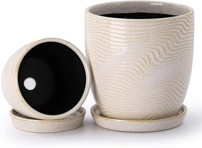 Set of 2 Ceramic Planters with Drainage Holes & Saucers - 4+5.75 Inch Retro Yellow & White Reactive Glaze Flower Pots - Unique Decorative Succulent Orchid Pots for Indoor Outdoor Home Decor