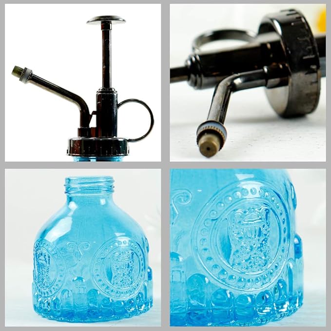 Hniuyun Glass Plant Mister Spray Bottle, 6.4 All Vintage Plant Spritzer Watering Can, Bronze Plastic Top Pump, Plant Mister Glass Watering Garden Tool (Blue)