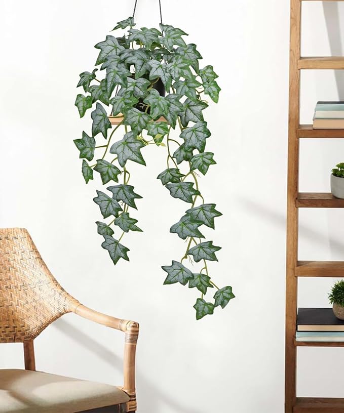 GnFlus Realistic Fake Pothos Ivy Plant with Pot Artificial Leaves Featuring a White Frosted Finish for Home Shelf Decor Indoor Silk Artificial Plant Large
