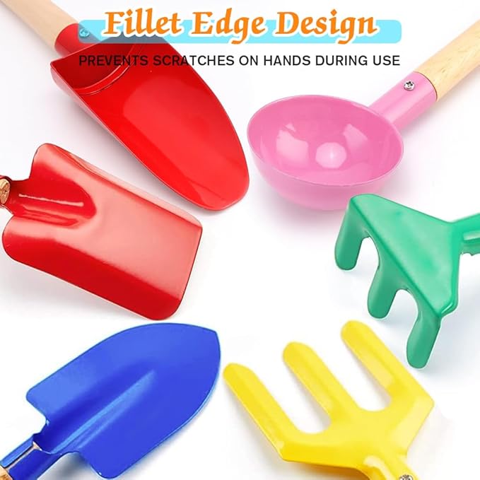 6 Piece Kids Gardening Tools, Children Beach Sand Toys, Made of Metal with Sturdy Wooden Handle, Safe Beach Gardening Set, Spoon, Fork, Rake & Shovel, Gifts for Kids