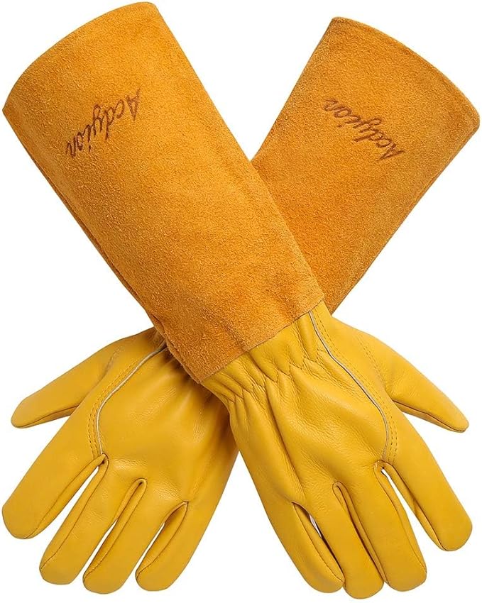 Acdyion Thorn Proof Gardening Gloves for Men & Women, Long Cowhide Leather Rose Pruning Gloves with Forearm Protection, Puncture Resistant Gauntlets for Cacti, Blackberries & Yard Work(yellow,Large)