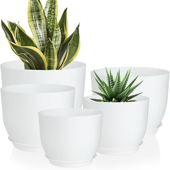 YNNICO Plant Pots 10/9/8/7.5/7 inch Flower Pots with Multi Mesh Drainage Holes, Planters for Indoor Outdoor Garden Plants and Flowers. (White)