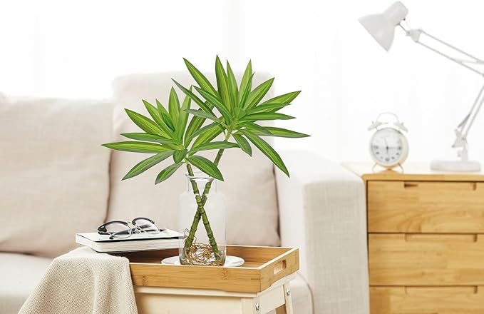 Artificial Plants Stems in Glass Vase with Faux Water,Fake Silk Plant Dracaena Leaves for Centerpiece Table Decorations Farmhouse Wedding Home Greenery Decor (Green)