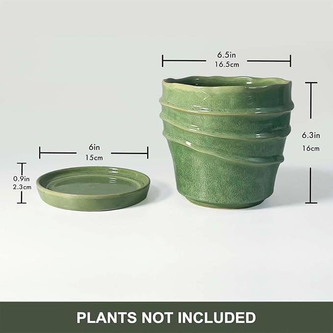 6in Plant Pot, Ceramic Planter, Plant Pots Indoor, Plant Pots with Drainage Holes and Saucers, Flower Pots for Indoor Plants, Bright Green