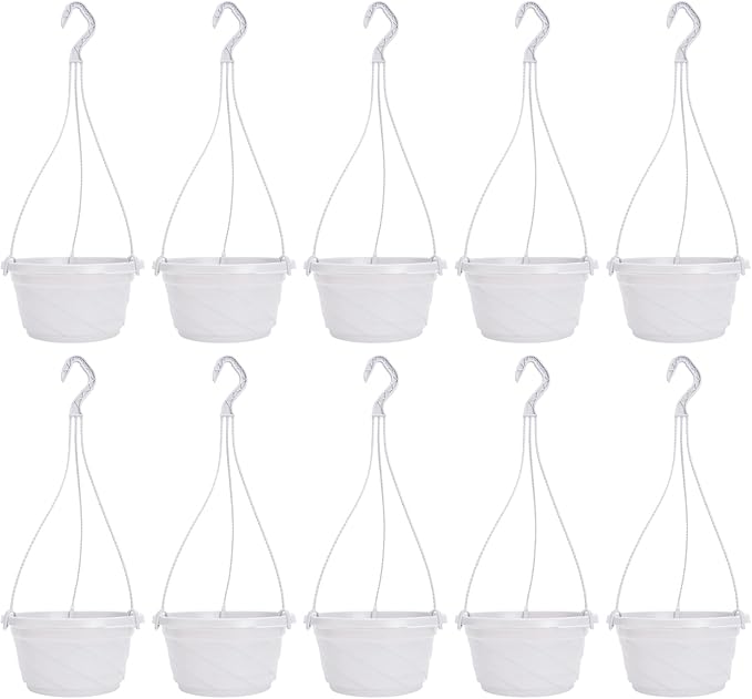DOITOOL 10 Sets Hanging Planter Basket with Drainage Hole Round Flower Plant Pot Fence Railing Wall Planter for Ferns Ivy Crawling Plants Indoor Outdoor White