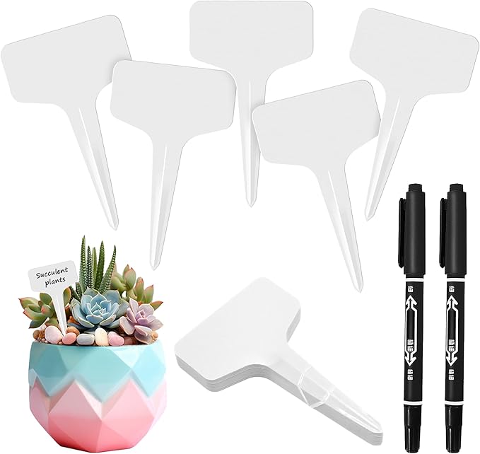 200Pcs Plant Labels Waterproof Plastic Garden Labels T-Type Flower Name Tags Seedling Marker Nursery Plant Tags with Permanent Marking Pen for Flowers Agriculture Horticulture (White)