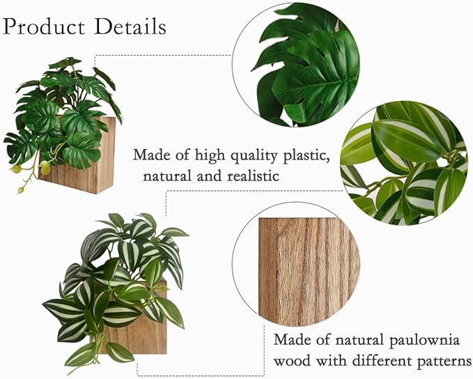 Wood Wall Planter Vase with Artificial Plants Wall Decor, Small Wall Hanging Greenery Fake Plant Decor Indoor for Living Room Bedroom Bathroom Kitchen Office(Natural)