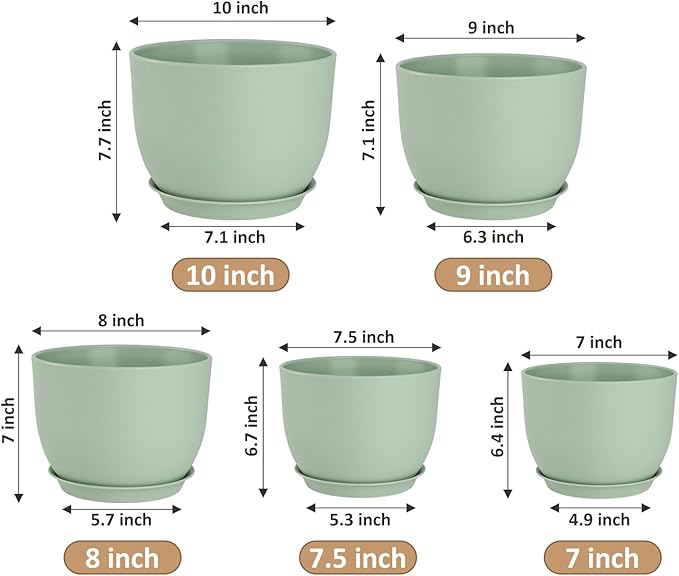 YNNICO Plant Pots 10/9/8/7.5/7 inch Flower Pots with Multi Mesh Drainage Holes, Planters for Indoor Outdoor Garden Plants and Flowers. (Green)