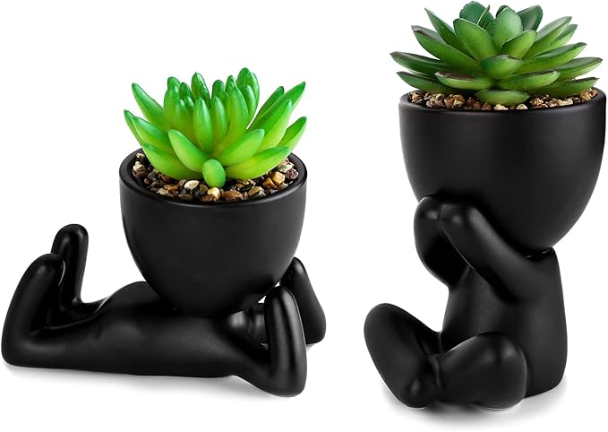 2 Pcs Succulent Artificial Plants Indoor Fake Plants for Office Desk Bathroom Bedroom Room Aesthetic Decor Accessories with Cute Creative Humanoid Ceramic Planter