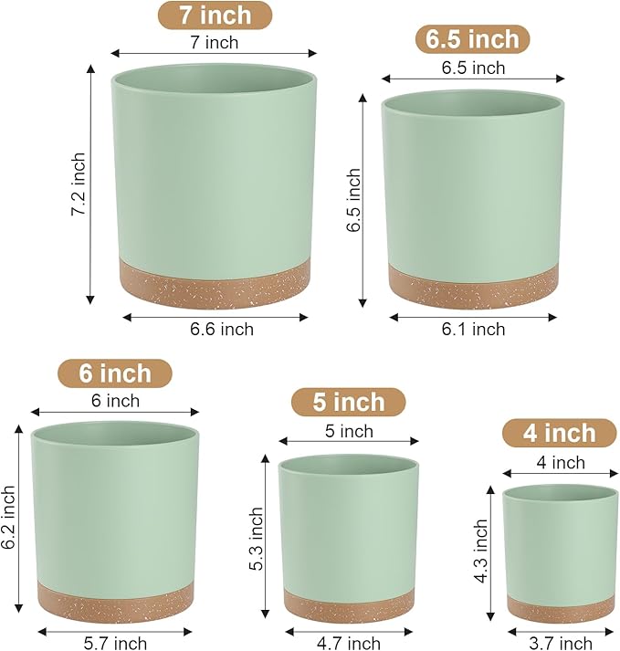 YNNICO Plant Pots with Drainage Holes and Saucers – 7, 6.5, 6, 5, 4 Inch Plastic Planters for Indoor Outdoor Plants, Modern Matte Finish, Lightweight & Durable（Green）