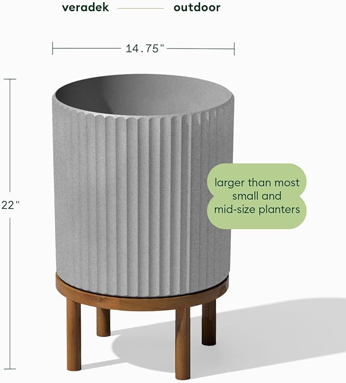 Veradek Demi Series Round Planter w/ Stand for Porch/Patio | Durable Plastic-Concrete & Wooden Stand | Modern Décor for Tall Plants, Flowers