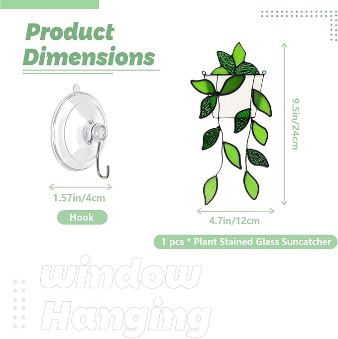 Stained Glass Window Hanging Green Plant Window Suncatcher Handcrafted Faux Plant Stained Glass Panel Sun Catcher for Plant Lovers,Unique Home Indoor&Outdoor Decor (Green)