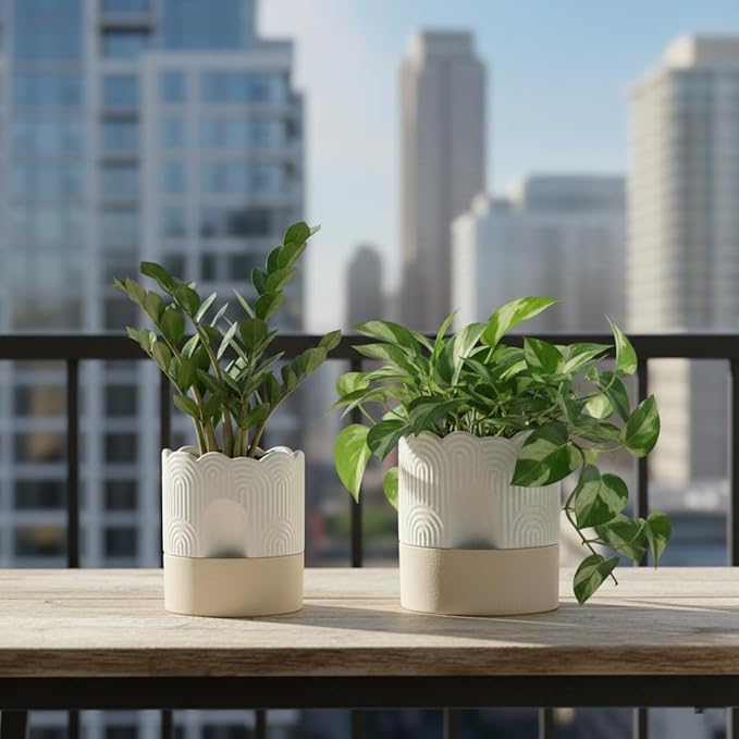 Nihow Self Watering Plant Pot for Indoor Plants : 6 Inch & 8 Inch Ceramic Planter with Drainage Hole & Water Storage - Relief Design Beige & Nature Flower Pot -Set of 2