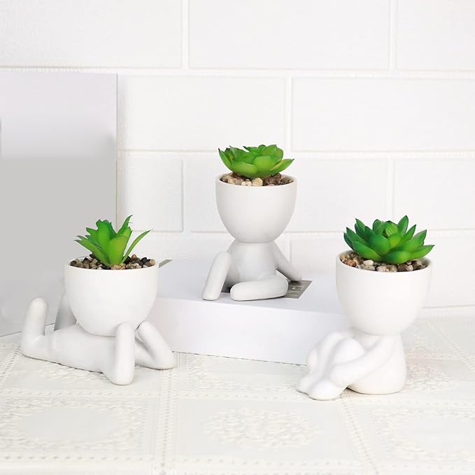 Pack of 4 White Mini Artificial Succulents, Ceramic Humanoid Greenery, Artificial Fake Plants, Bathroom Plants for Bathroom Decoration, Indoor Office, Christmas Decorations