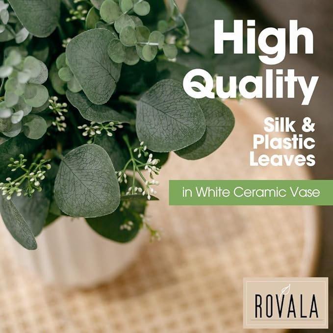 Fake Eucalyptus Decor in White Ceramic Vase Realistic Faux Plants Indoor Tabletop Fake Desk Plants for Office Small Potted Plant Artificial Decor Small Fakeplants for Shelves Bathroom Kitchen