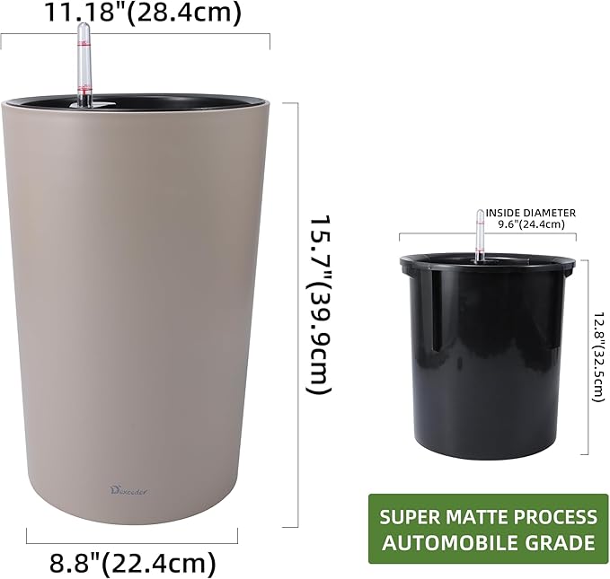 Dexceder 16x12 Tall Self Watering Planter High Cylinder Indoor Outdoor, Thickened Large Floor Standing Flower Plant Pot with Water Level Indicator (Taupe Matte)